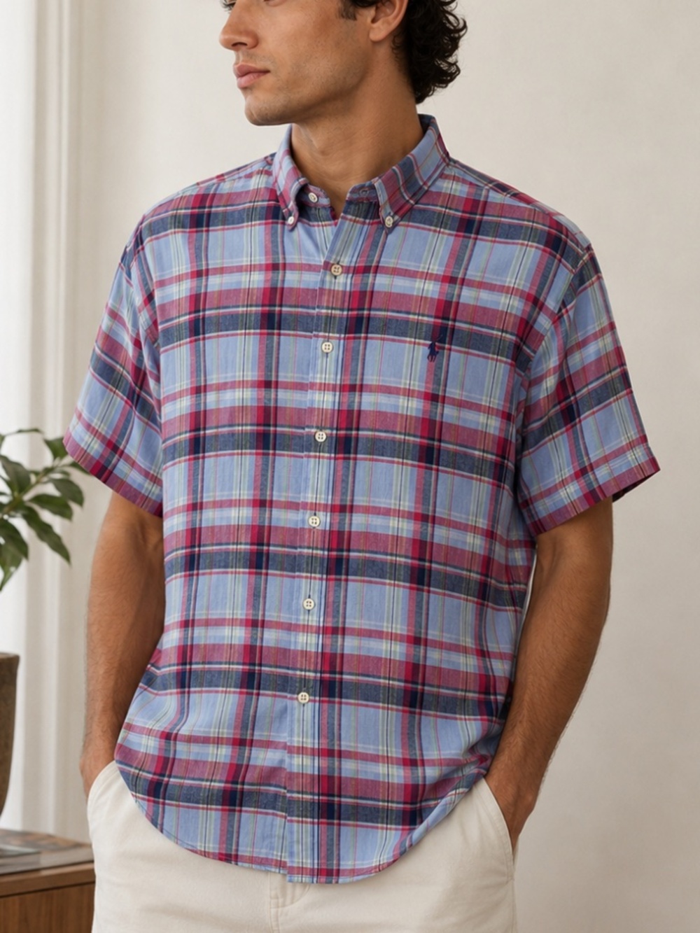 Ralph Lauren Linen Madras Plaid Button Down Shirt XL